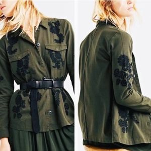 Lucky Brand Army Green Embroidered Jacket Women's size Small Black Floral Design